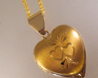 Vintage Gold Plated Heart Locket Pendant Necklace 20" Engraved w/ Two Hearts Vintage Necklace Vintage Jewelry Gifts for Women Gifts for Her