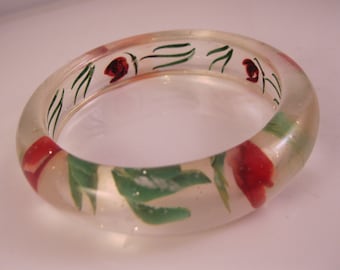 Vintage Red Rose Reverse Carved Lucite Bangle Bracelet Early Plastic Vintage Bracelet Vintage Jewelry Gifts for Her Gifts for Women