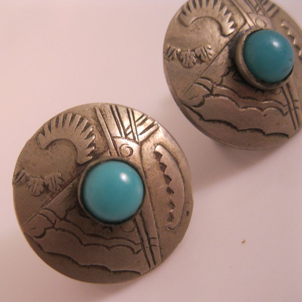 Native American Teepee Turquoise Button Earrings Nickel Silver Screw Back Vintage Jewelry Vintage Earrings Native American Earrings