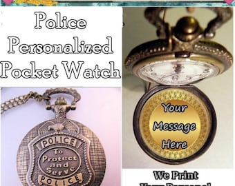 Reloj de bolsillo de policía con mensaje personalizado y cadena a elegir. Regalos para policías. Regalos para policías. Regalos para él.
