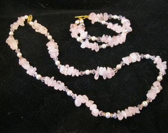 Vintage Rose Quartz Pink Faceted Crystal Rondelle Rhinestone Pearl Necklace & Bracelet Set Jewelry Set 24" and 8" Vintage Jewelry