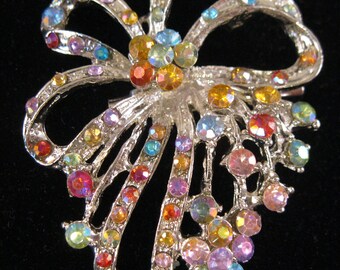 Vintage flerfärgad strass rosett med blommor brosch nål silverfärgad vintage nål vintage brosch vintage smycken presenter till henne