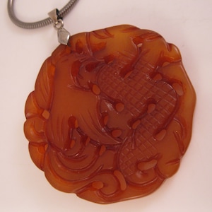 Vintage Chinese Burnt Orange Jadeite Jade Hand Carved Pendant Bird Pheasant Necklace 18&quot; Vintage Jade Vintage Jewelry Vintage Pendant