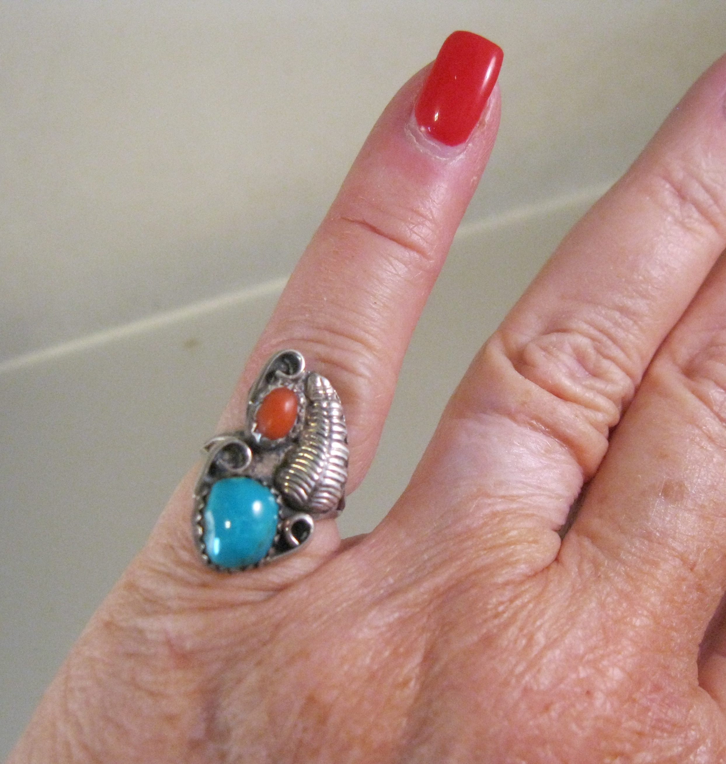 Navajo Native American Squash Blossom Turquoise & Coral Ring Size