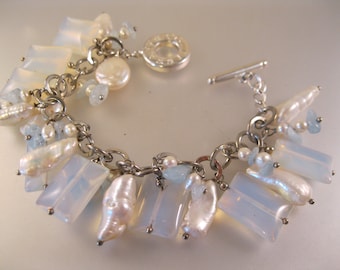 Vintage Moonstone Glass & Baroque Pearl Charm Bracelet Silver Plated Vintage Jewelry Vintage Bracelet Gifts for Women Gifts for Her