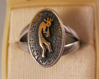 Unisex Native American 14K & Sterling Silver Kokopelli Ring Size 6.5 Signed T.C. Case and Letter T Vintage Jewelry Vintage Ring