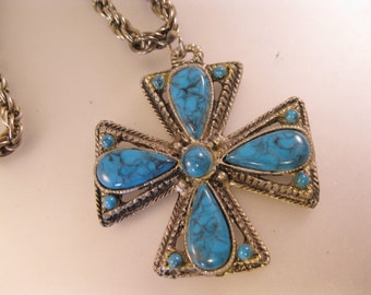 Vintage 1960's Zuni Style Faux Turquoise Maltese Cross Pendant Necklace 16" Southwestern Gifts for Him Gifts for Women Gifts for Her