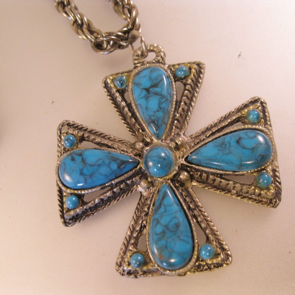 Vintage 1960's Zuni Style Faux Turquoise Maltese Cross Pendant Necklace 16" Southwestern Gifts for Him Gifts for Women Gifts for Her