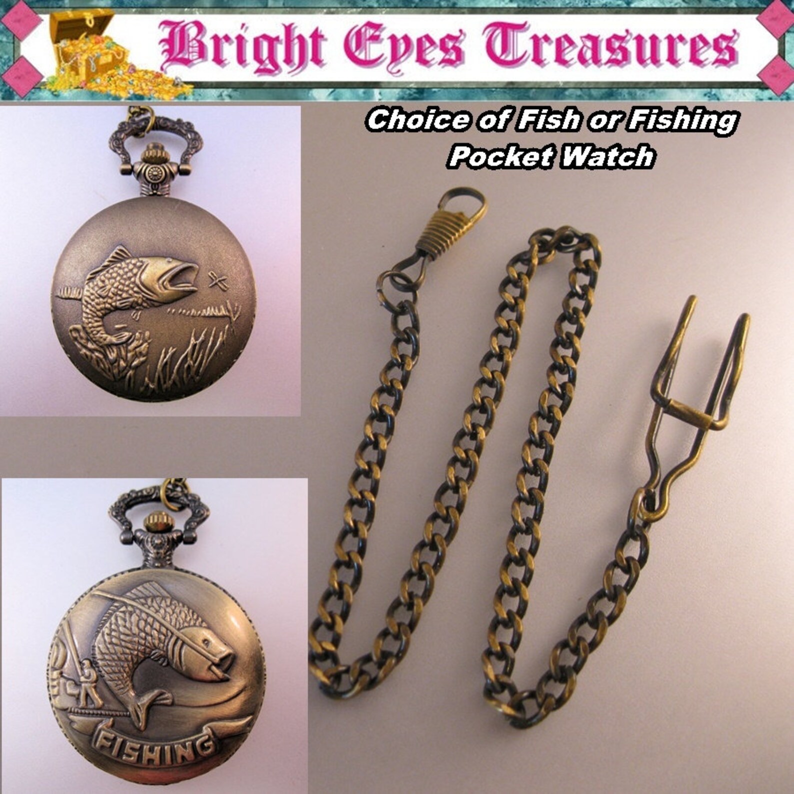 FISHING FISH Pocket Watch With Your Choice of Chain Vintage Etsy
