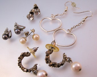 Pearl & Heart Pierced Earrings Lot of Costume Earrings 5 Pairs Drop Dangle Stud Rhinestone Pearl Silver Tone Vintage Jewelry Gifts for Her