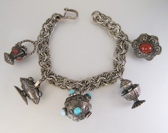 Antique 800 Silver Etruscan Revival Glass 5 Fob Charm Bracelet Antique Bracelet Antique Jewelry Gifts for Her Gifts for Women Gifts for Wife