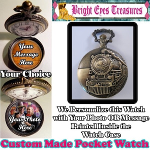 May include: A gold-toned pocket watch featuring a detailed image of a steam locomotive on the front. The watch case opens to reveal a circular space where you can add a personalised photo or message.