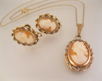 Edwardian Style INC. 12K Gold Filled Cameo Earrings & Pendant Necklace Set Antique Jewelry Vintage Jewelry Gifts for Women Gifts for Her