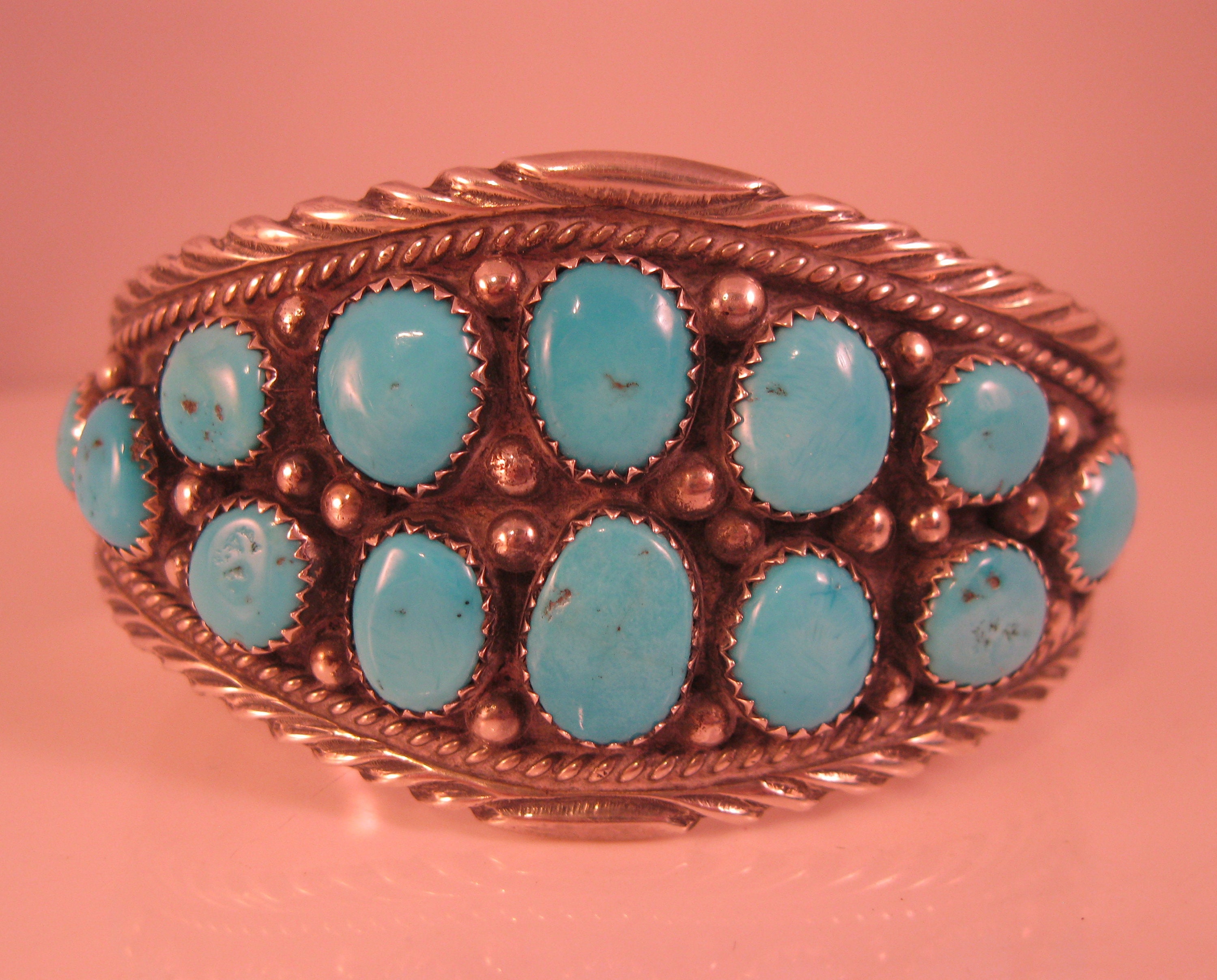 Signed KK Native American Navajo 18 Turquoise Stone Cuff Bracelet