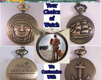 Reloj de bolsillo hecho a medida que personalizamos con su foto y su elección de cadena Regalos para marineros Regalos para padrinos de boda Regalos para hombres