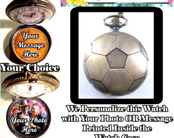 Custom Made SOCCER BALL Pocket Watch Personalized w/ Your Message OR Photo & Choice of Chain Gifts for Men Gift for Men Gifts for Grandpa