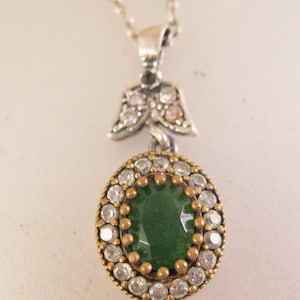 Vintage Art Deco Style Genuine Natural Green Jadeite Jade & Crystal Sterling Silver Pendant Necklace Vintage Jewelry Vintage Necklace
