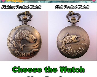 FISHING or FISH Pocket Watch with Your Personalized Message & Choice of Chain Gifts for Dad Gifts for Son Gifts for Fisherman Gifts for Him