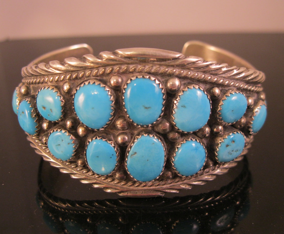 Navajo Indian Jewelry GF刻印　Bracelet Signed KK Native American Navajo 18 Turquoise Stone Cuff Bracelet