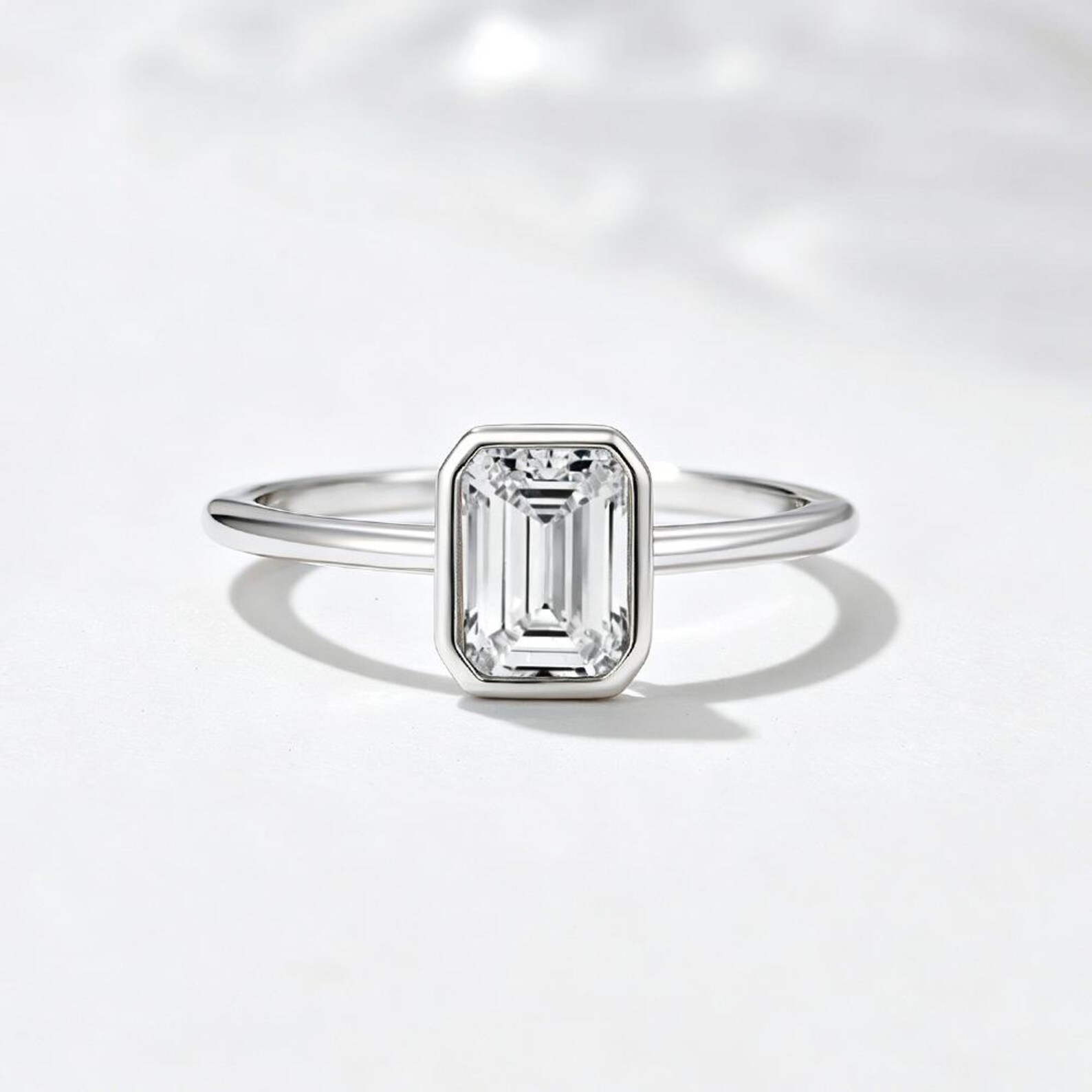 Emerald Cut Engagement Ring, 1 Carat Bezel Set Sterling Silver ...