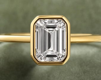 Verlobungsring im Smaragdschliff, 1 Karat Lünette Set Sterlingsilber, minimalistischer Versprechensring