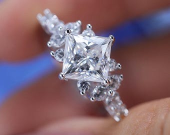 Princess Cut Moissanite Vintage Style Verlobungsring, Jugendstil Ring Art Deco Ring Jubiläumsgeschenke Moissanite Ring Handgemachter Ring, Hochzeitsgeschenke
