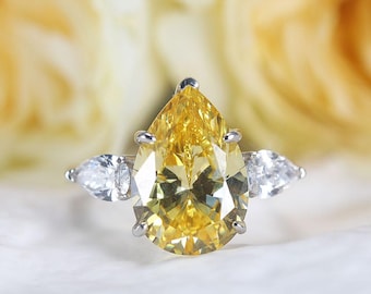 Drei Stein Gelb / Rosa / Weiß Sterling Silber Verlobungsring, Tropfenform Jubiläum Ringe Geschenke, Versprechen Ring Geschenk für sie