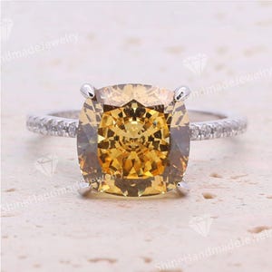 Yellow Stone Cushion Cut Sterling Silver Engagement Ring-Cushion Cut Solitaire Birthstones Rings/ Classic Cushion dimond, anniversary gift