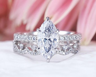Vintage 2st Marquise Cut Sterling Silber Ring Set mit Spitzenband, Jubiläum & Hochzeit Frauen Ehering, simulierter Diamant Versprechen Ring
