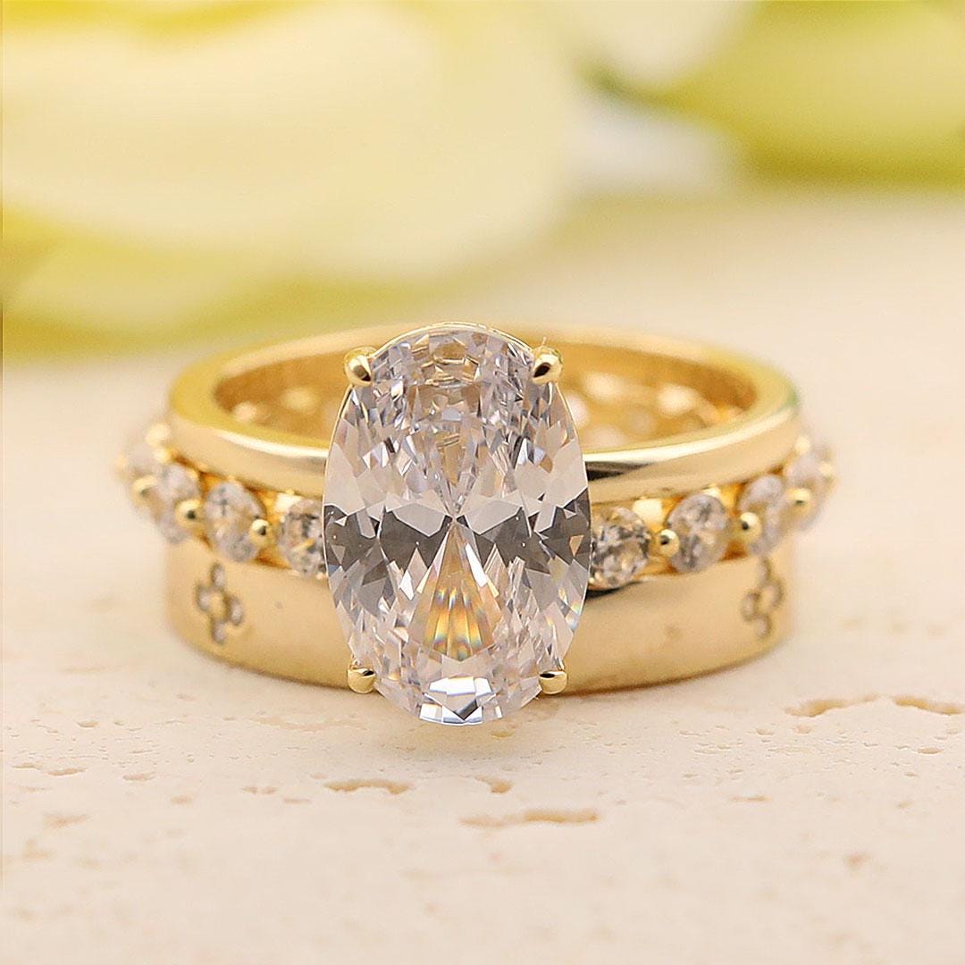 5CT Oval Moissanite Bridal Ring Set, 14K Yellow Gold Plated, Wedding ...