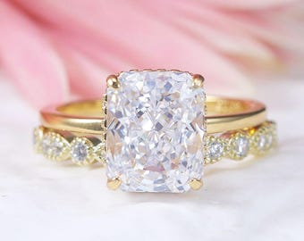 Strahlende Schnitt Moissanite Verlobungsring 2stk Brautset mit halben Eternity Band, Versprechen Ring Geschenk für sie / Jubiläumsgeschenk / Ehering Set.