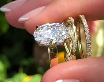 3 Stück Oval Cut Sterling Silber Braut Set, Moissanit Oval Verlobungsring mit versteckten Halo Silber, 14K Gold Ehering Set für Frauen