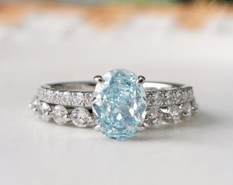 Aqua Blue Oval Moissanit Diamant Solitär Mit Akzenten Verlobungsring in 925 Sterling Silber, Hochzeit Valentine Day Geschenk für Sie