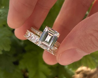6 Karat Smaragdschliff Moissanit Verlobungsring Braut Set. Eternity Matching Band Hochzeit Geschenk Set, 4 Zinken Moissanit Ring Geschenkset für sie.