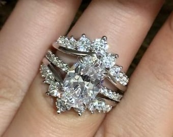 Brautset im Ovalschliff mit Jacke und Ehering, Moissanit aus Weißgold und Diamant, Art-Deco-Ring mit Schutz verstärkt