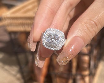 Drei Split Schaft Kissen geschnitten Moissanite Doppel Halo Verlobungsring, halbe Ewigkeit Pave Versprechen Ehering, Jahrestag Ring Geschenk für Sie