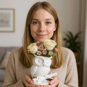 Könnte beinhalten: Eine weiße, eulenformige Keramikvase mit cremefarbenen Rosen und kleinen rosa Blüten. Die Vase sitzt auf einem Ast und wird von einer Person in einem beigen Pullover gehalten. Die Eule hat detaillierte Feder- und Augendesigns.