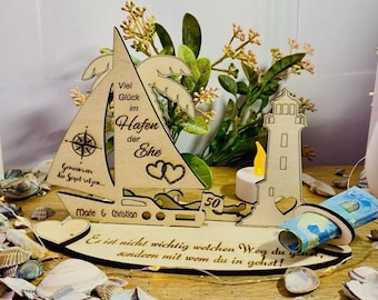 Golden Wedding Anniversary, 50th Anniversary, Personalized Ship, Lighthouse, Palm Tree Stand, Money Gift, Wood, Custom Text, Handmade, A11