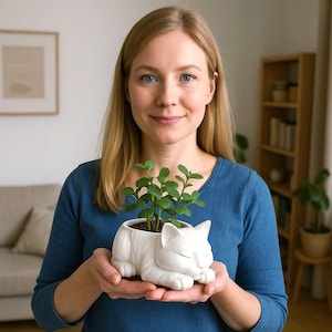 Liegende Katze Blumentopf - Katzen Pflanztopf für Sukkulenten & Blumen – Deko Katze Garten Balkon Fensterbank – Geschenk Katzenliebhaber