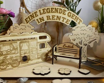 Geschenk zur Rente - Eine Legend geht in Rente - Geldgeschenk Gutscheinhalter - Großer Aufsteller - Rentnerbank Wohnmobil Baum Deko - A10