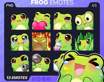 Pode incluir: Gráfico digital com doze emotes de sapo verde com várias expressões, incluindo alegria, tristeza e raiva. O texto "FROG EMOTES" e "12 EMOTES" é exibido. A imagem também inclui ícones de mídia social e a frase "INSTANT DOWNLOAD".