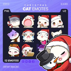Paquete de emoticones navideños de gato V2: adorables emoticones navideños de gato chibi para streamers de Twitch, Discord, Facebook y YouTube.