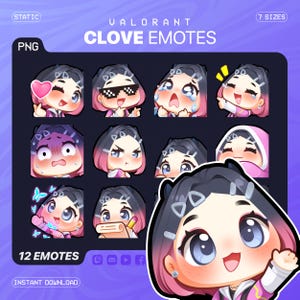 以下が含まれることがあります： ValorantのCloveエモート12個を収録したデジタルグラフィックダウンロード。各エモートは、ハート、サングラス、涙、蝶など、さまざまな表情のちびキャラを描いています。「CLOVE EMOTES」と「INSTANT DOWNLOAD」の文字が含まれています。