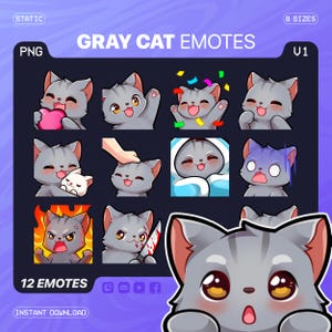 Grey Cat Emotes Pack V1 - Schattige chibi Cat-emotes voor streamers Twitch Discord Facebook YouTube