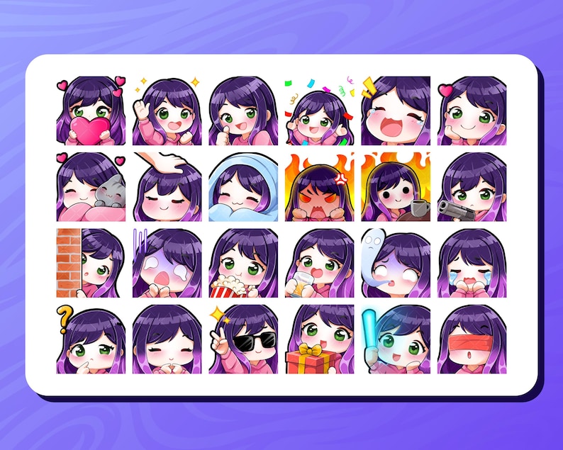 Custom Twitch emotes and sub badges featuring chibi-style designs for streamers. Includes unique and expressive any characters and animals. Perfect for Twitch, Discord, and YouTube. High-quality, hand-drawn artwork optimized for 8 sizes.