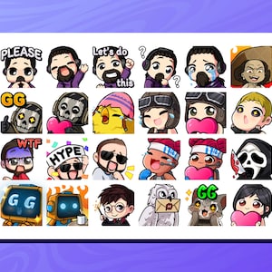 Custom Twitch emotes and sub badges featuring chibi-style designs for streamers. Includes unique and expressive any characters and animals. Perfect for Twitch, Discord, and YouTube. High-quality, hand-drawn artwork optimized for 8 sizes.