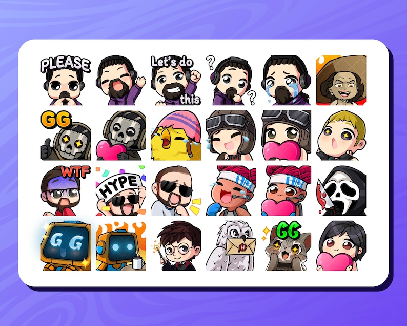 Custom Twitch emotes and sub badges featuring chibi-style designs for streamers. Includes unique and expressive any characters and animals. Perfect for Twitch, Discord, and YouTube. High-quality, hand-drawn artwork optimized for 8 sizes.