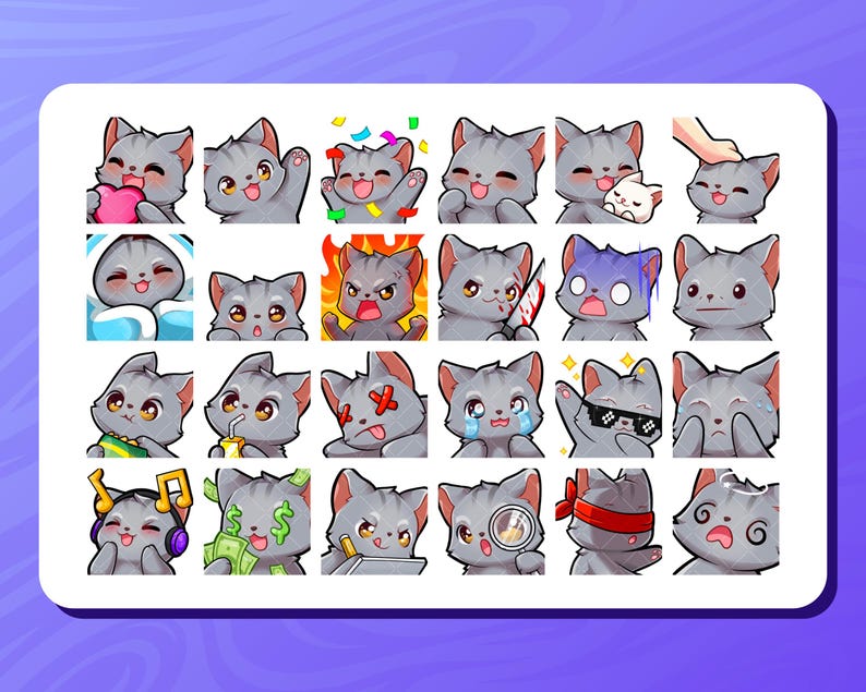 Custom Twitch emotes and sub badges featuring chibi-style designs for streamers. Includes unique and expressive any characters and animals. Perfect for Twitch, Discord, and YouTube. High-quality, hand-drawn artwork optimized for 8 sizes.