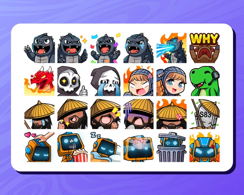 Custom Twitch emotes and sub badges featuring chibi-style designs for streamers. Includes unique and expressive any characters and animals. Perfect for Twitch, Discord, and YouTube. High-quality, hand-drawn artwork optimized for 8 sizes.