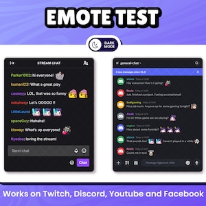 Emotes test shown in use on dark mode stream chat and Discord general chat. Perfect for Twitch, Discord, YouTube, and Facebook. Features expressive chibi-style emotes enhancing communication and engagement for streamers and their audiences.
